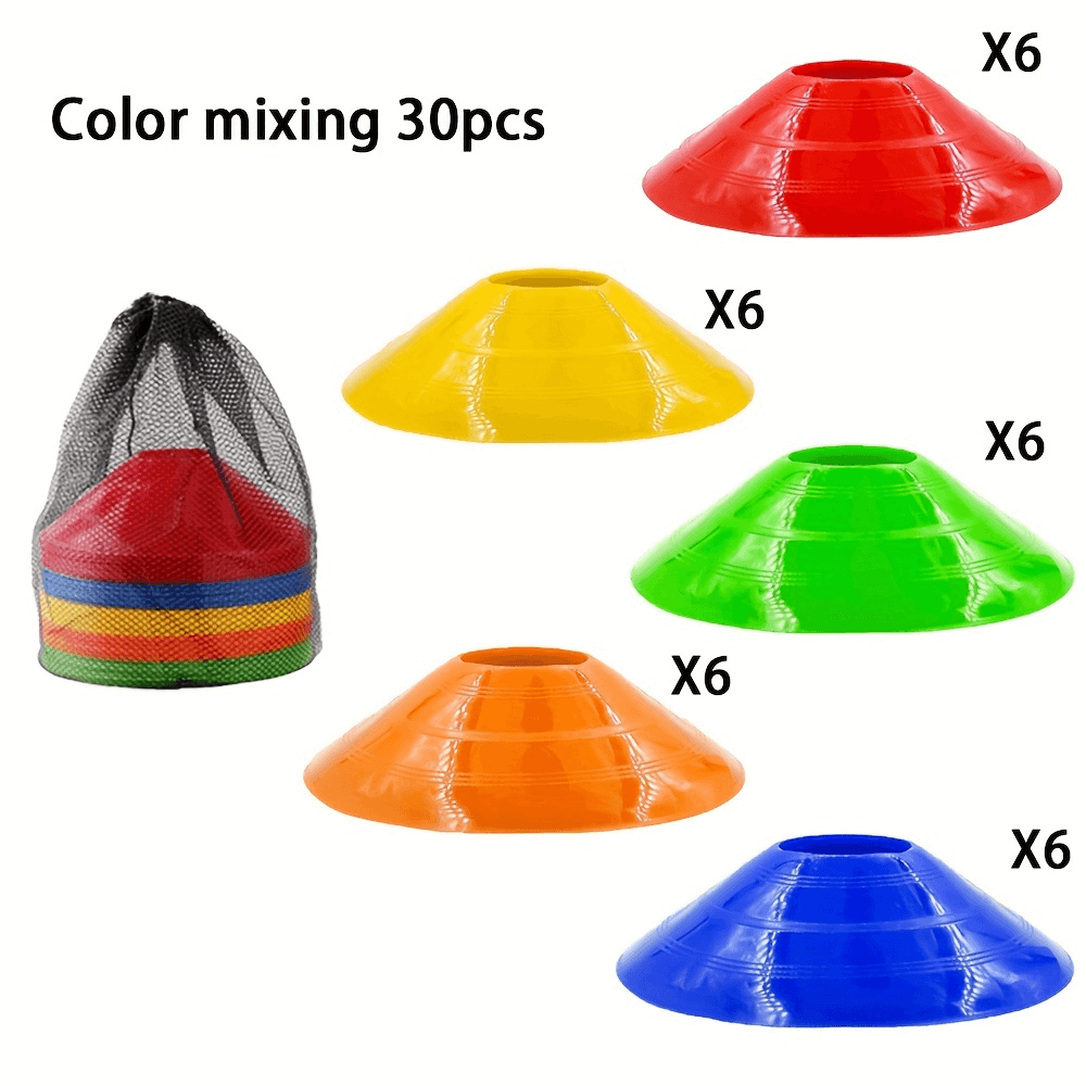 30pcs colorful agility training cones with carry bag for sports drills, including soccer and basketball, in red, yellow, green, orange, and blue.