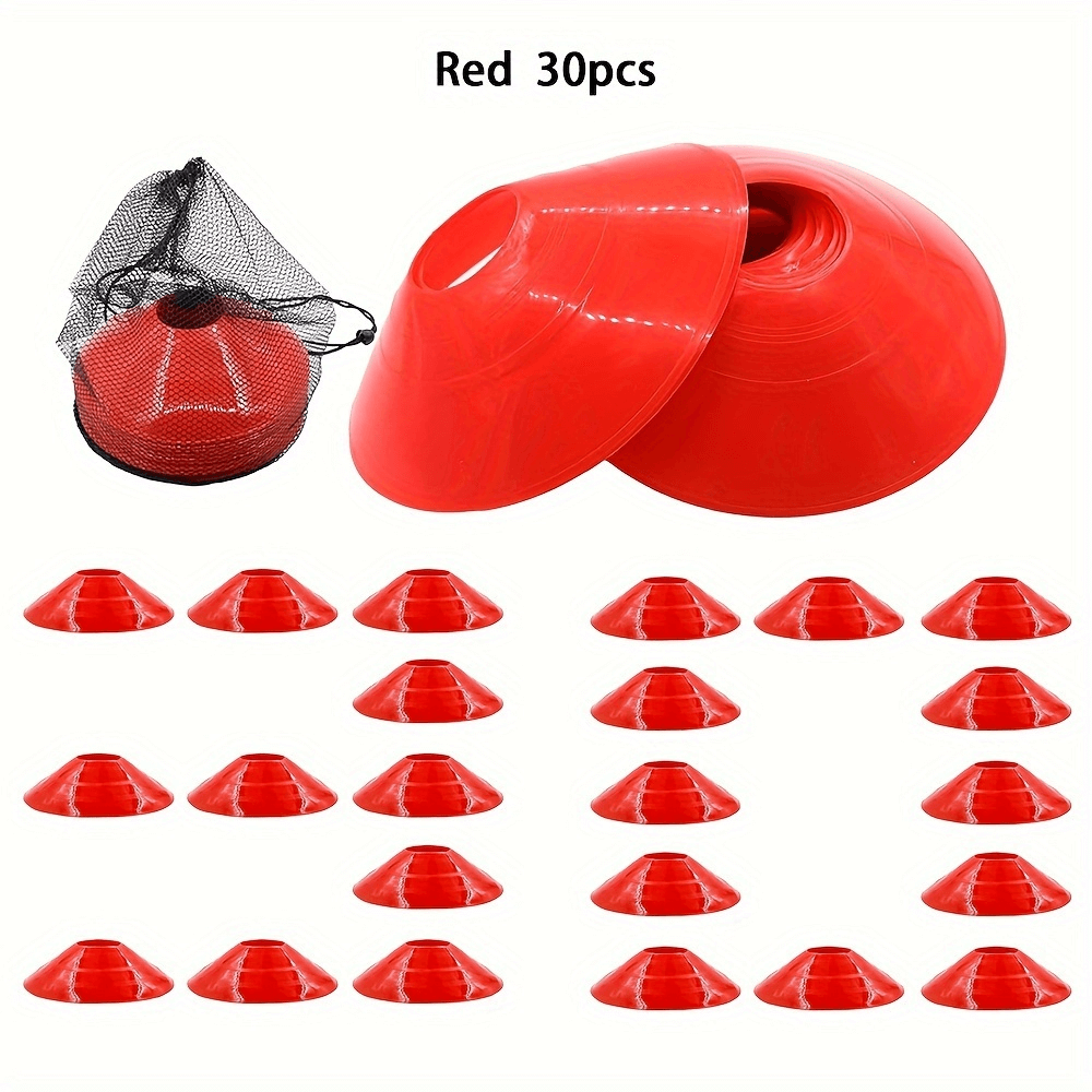 Set of red 30pcs agility training cones with carry bag for sports drills, perfect for soccer and basketball practice.