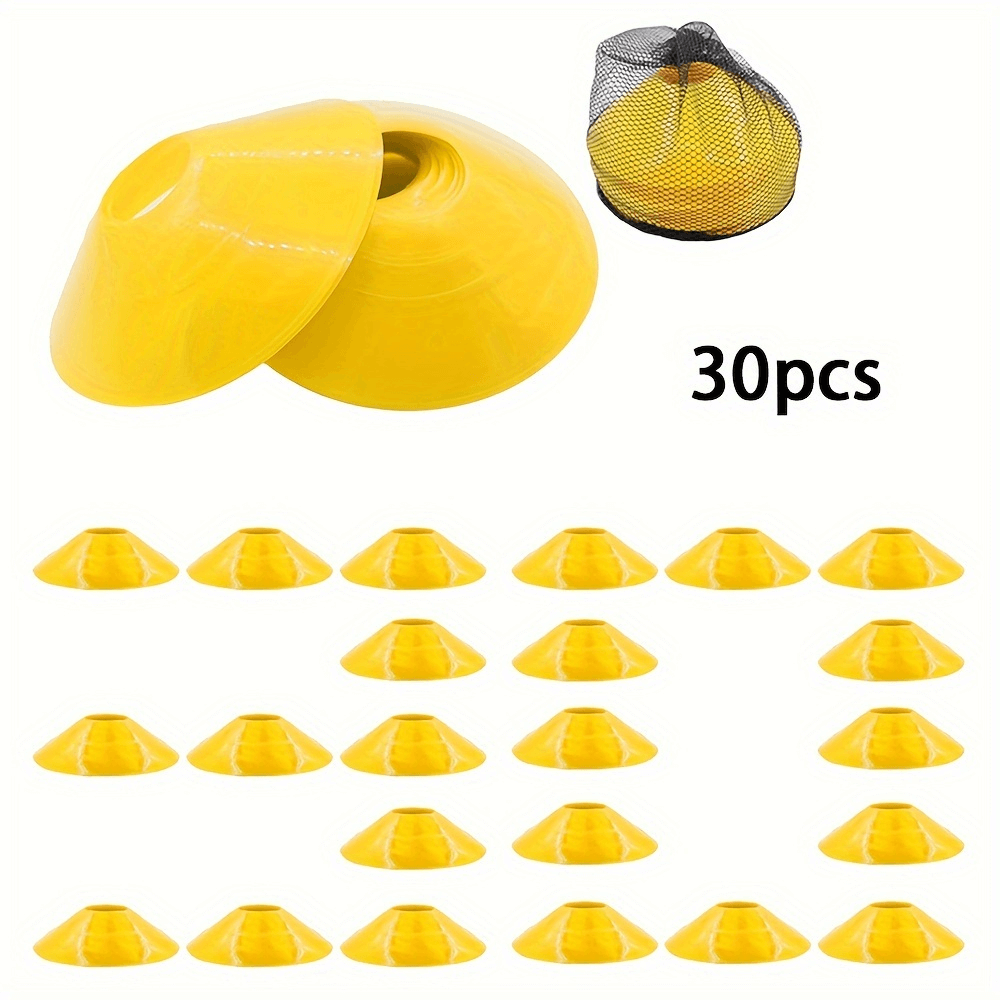 30pcs yellow agility training cones with mesh carry bag, perfect for sports drills and field marking in soccer, basketball, and more.