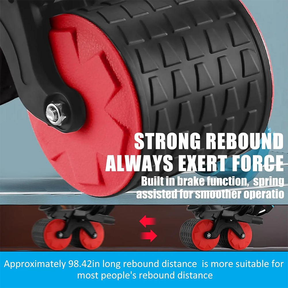 Close-up of 360° rotating ab roller wheel with red brake function for smooth operation in home gym workouts.