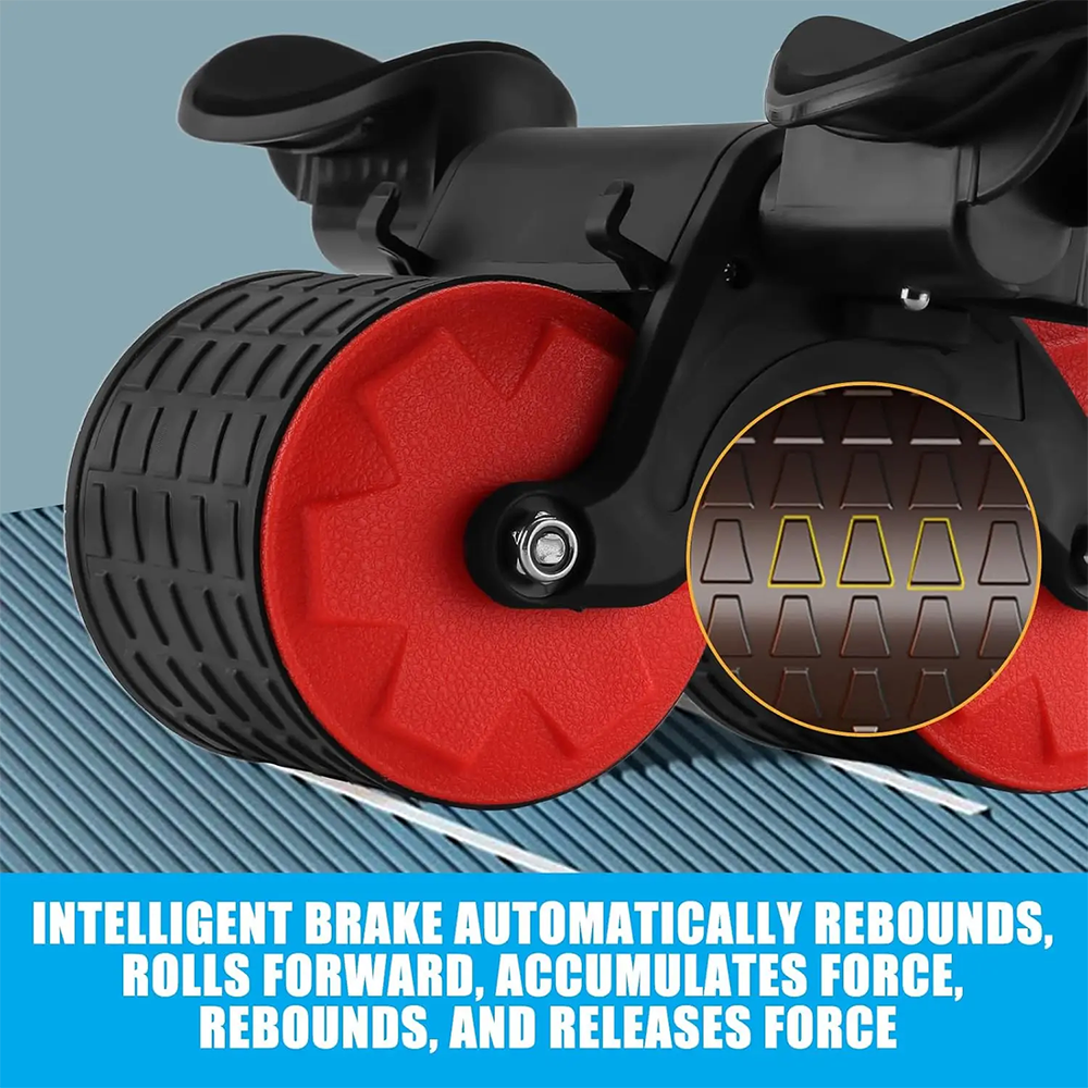 Close-up of a 360° rotating ab roller wheel board, showcasing intelligent brake system on textured mat for efficient core workout.
