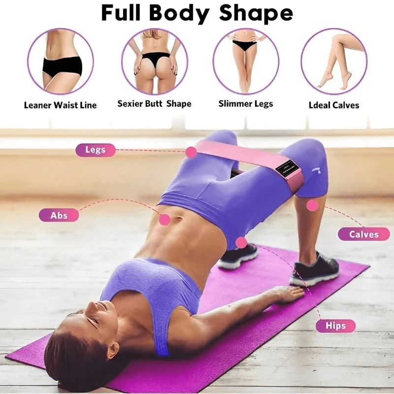 Woman using fabric resistance band for glute workout, demonstrating full body shaping benefits including slimmer legs and leaner waistline.