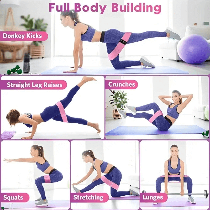 Collage of women using fabric resistance bands for donkey kicks, squats, stretching, lunges, straight leg raises, and crunches in a workout setting.