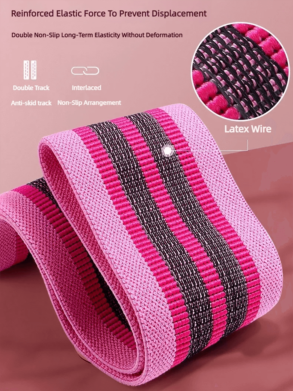 Close-up of pink fabric resistance band showcasing anti-slip design and reinforced elasticity for effective glute workouts.