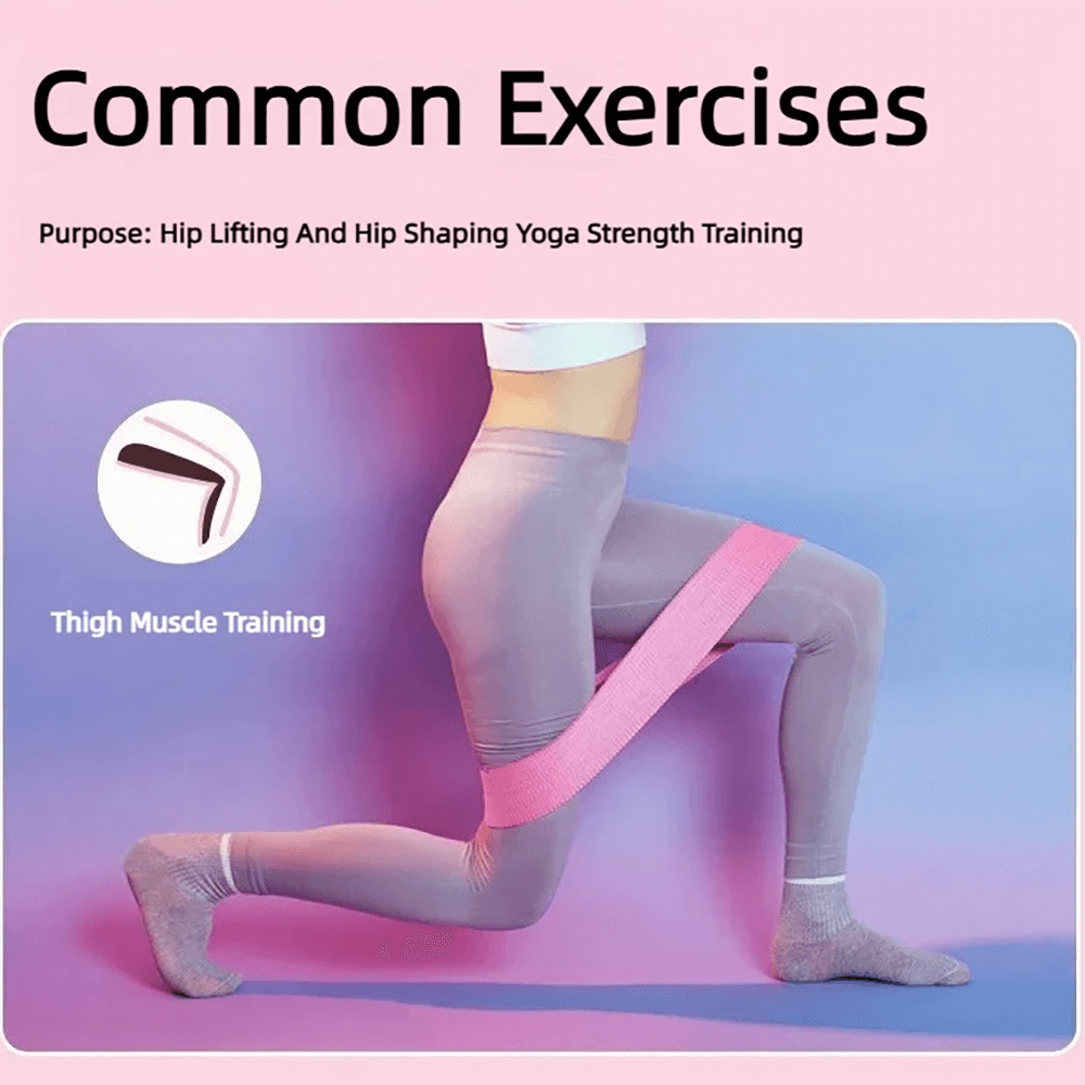 Woman demonstrating hip lifting exercise with pink resistance band for thigh muscle training.