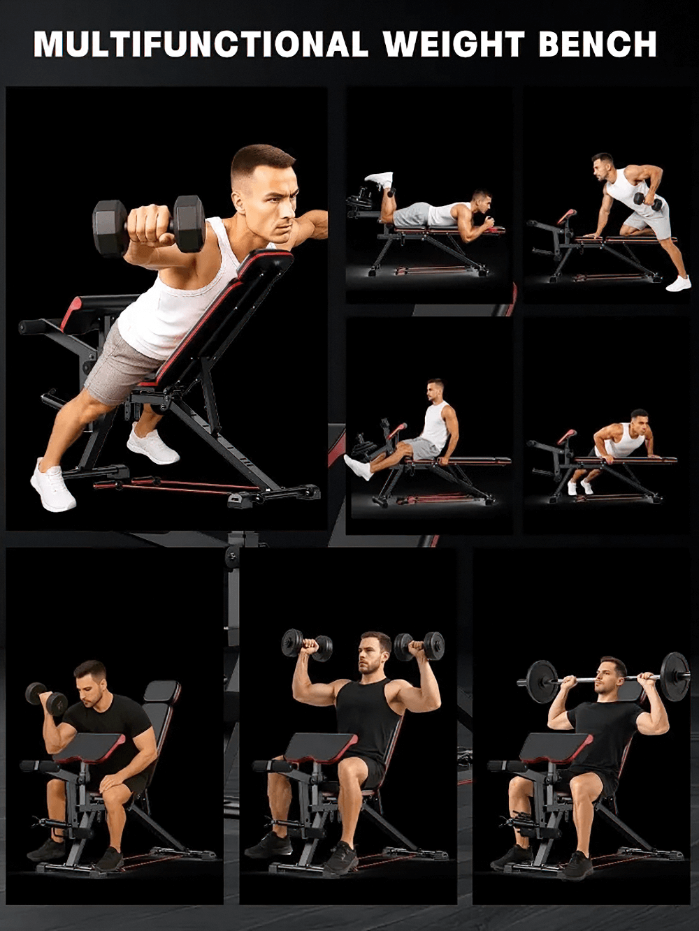Man using 4 in 1 Adjustable Weight Bench for Core Training - SF3458 for various exercises in home gym.