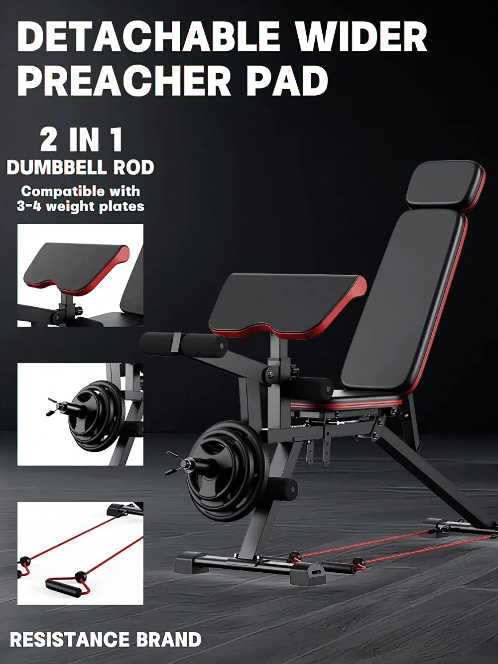 4 in 1 Adjustable Weight Bench for Core Training - SF3458 with detachable preacher pad and resistance bands, ideal for home gym.