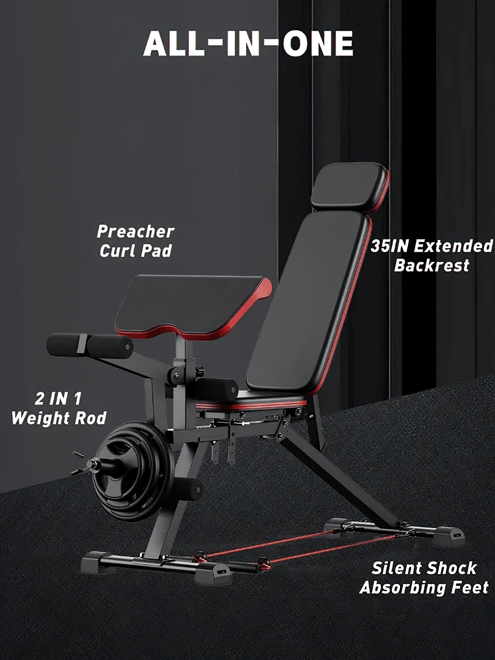4 in 1 Adjustable Weight Bench for Core Training - SF3458 with preacher curl pad and silent shock absorbing feet.