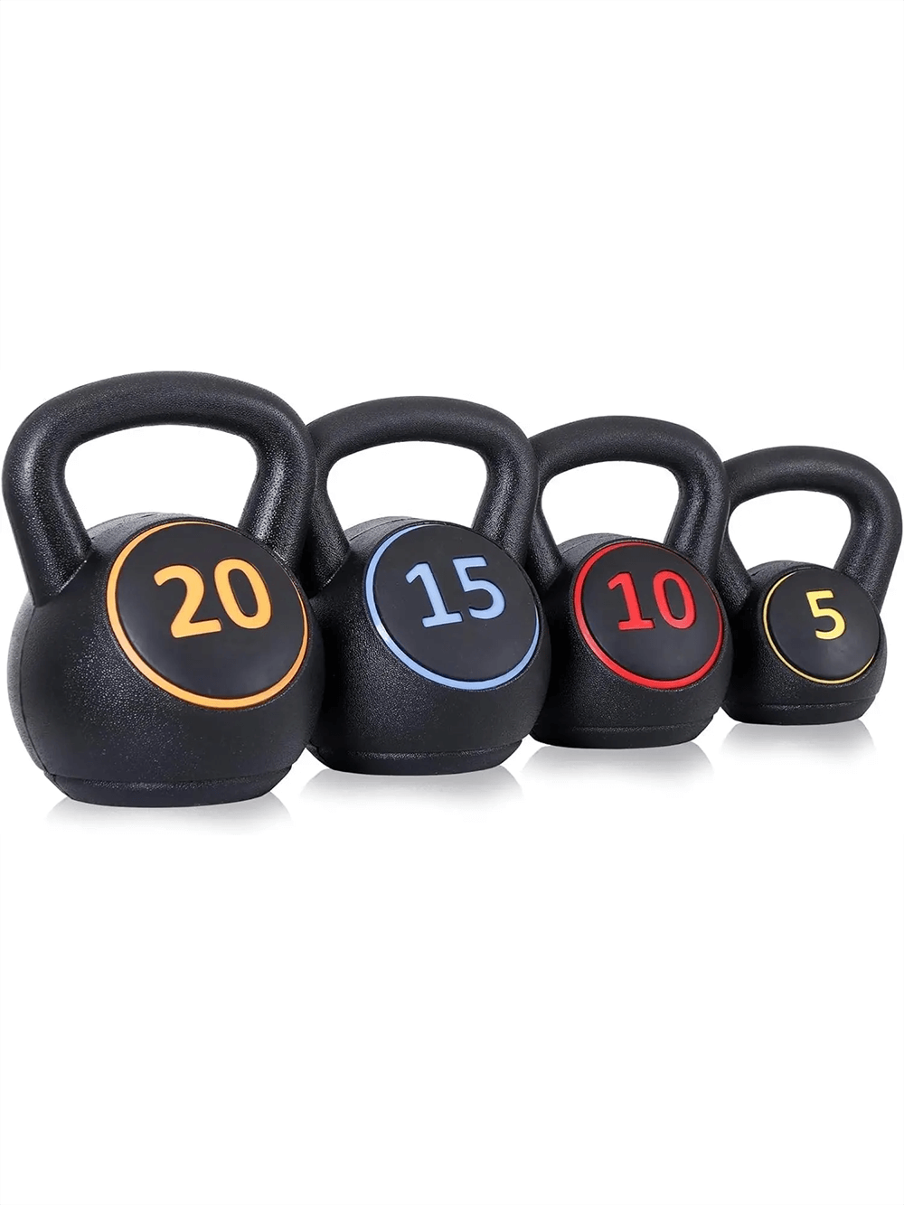 4-piece kettlebell weight set with 5lb, 10lb, 15lb, and 20lb weights, ideal for home gym strength training and fitness exercises.
