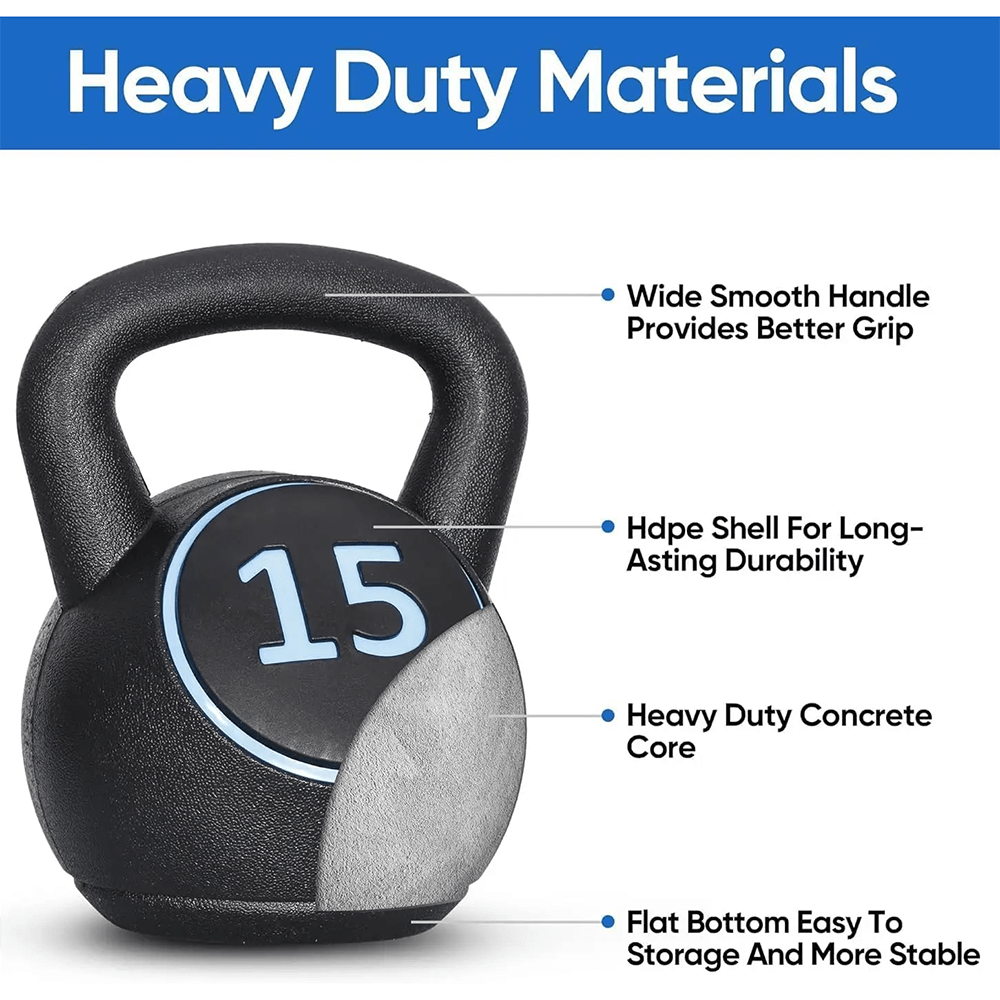 15lb kettlebell with heavy-duty material, smooth handle for grip, durable HDPE shell, and stable flat bottom for home gym strength training.