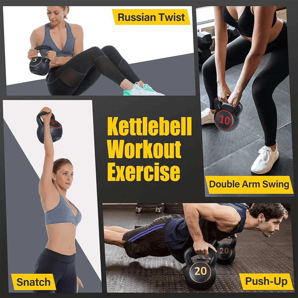 Kettlebell workout exercises including Russian Twist, Double Arm Swing, Snatch, and Push-Up for strength training with weights.