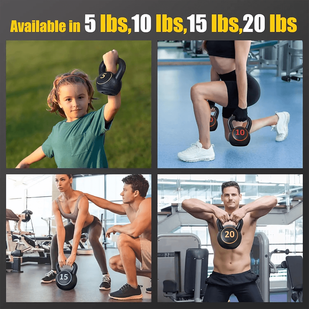 Young girl and adults using 4-piece kettlebell set (5lb, 10lb, 15lb, 20lb) for versatile strength training exercises.