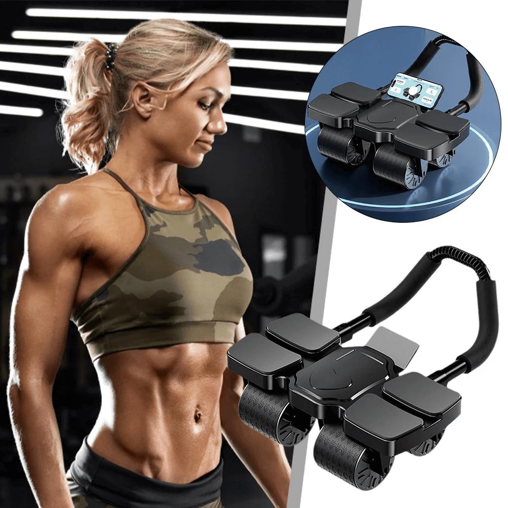Woman with toned abs using a 4-wheel ab roller trainer in a gym setting, showcasing its ergonomic and adjustable design.