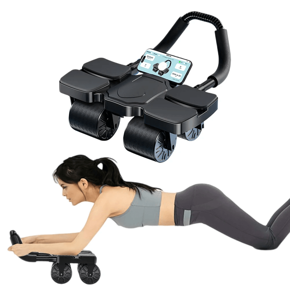 Woman using 4-wheel ab roller trainer SF3260 for home gym workout; ergonomic handles for core strength and smooth rolling stability.