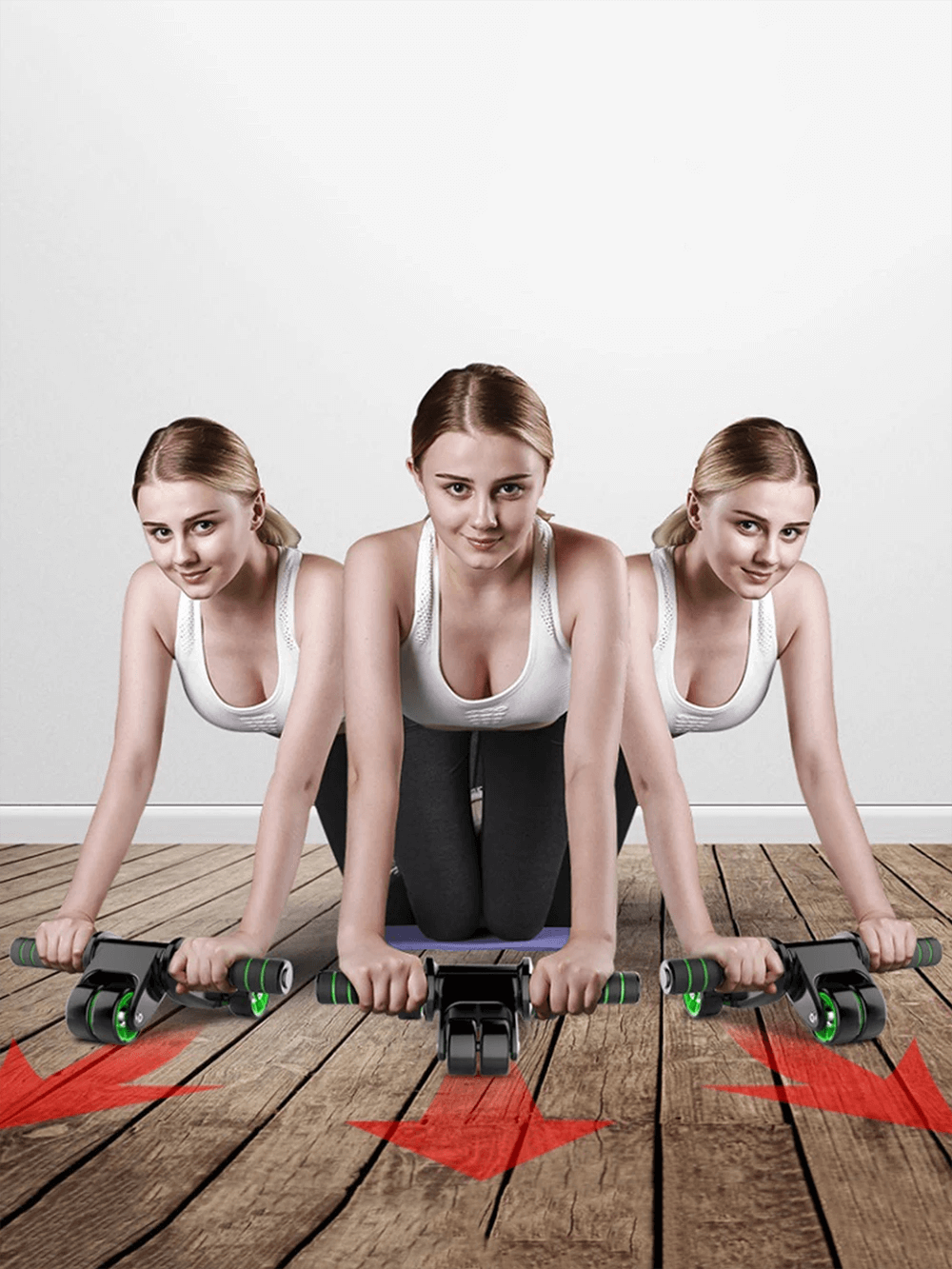 Woman using 4-wheel foldable ab roller SF3221 for core training, showcasing stability and control on a wooden floor.