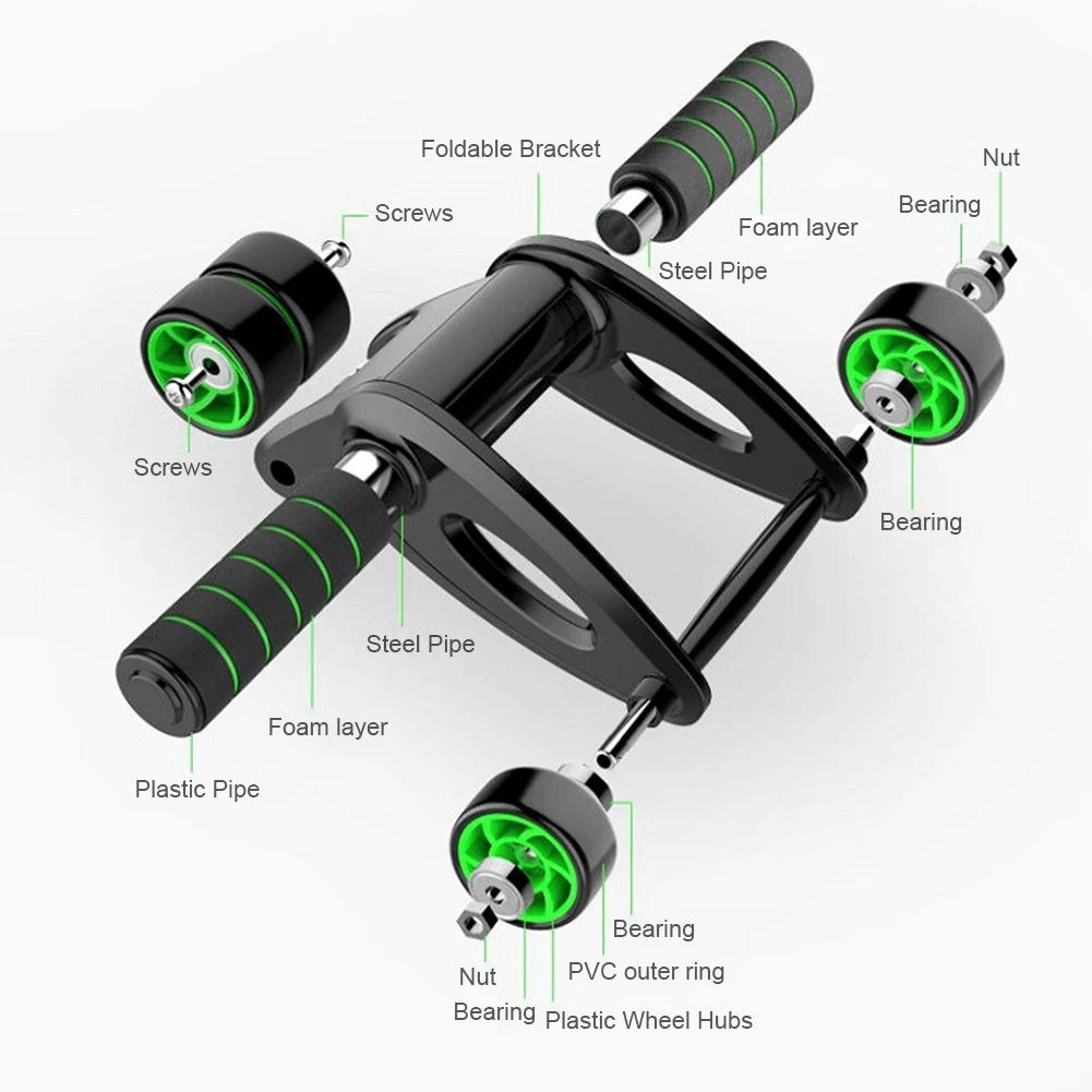 4-Wheel Foldable Ab Roller SF3221 with labeled assembly components for core training and stability.