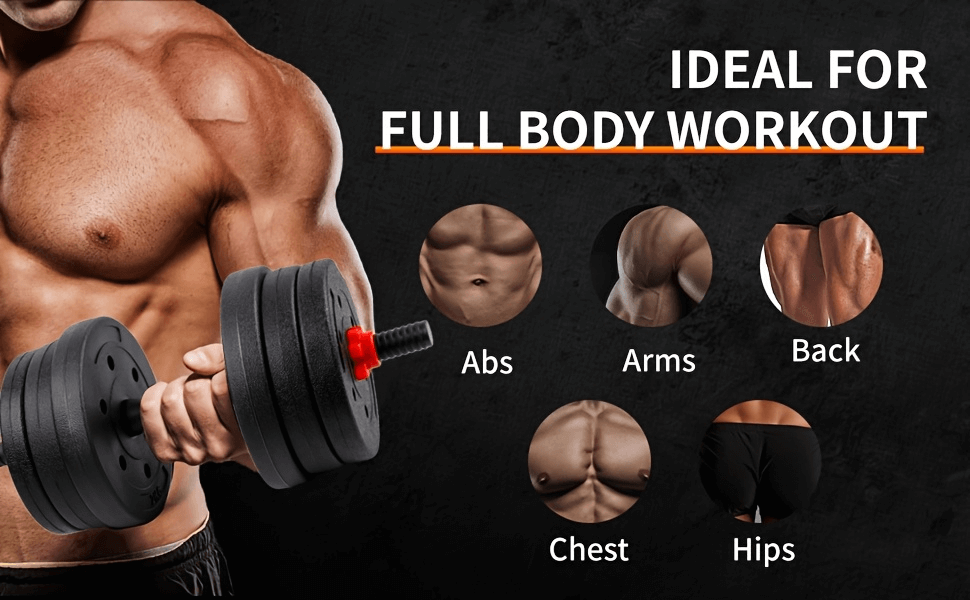 Man holding adjustable dumbbell, showcasing muscles. Text reads 'Ideal for Full Body Workout' with focus on abs, arms, back, chest, hips.