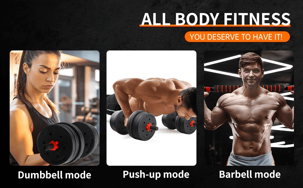 Three modes of fitness: woman using 44LBS adjustable dumbbell, man doing push-ups with dumbbells, and flexing with barbell. Perfect for gym.