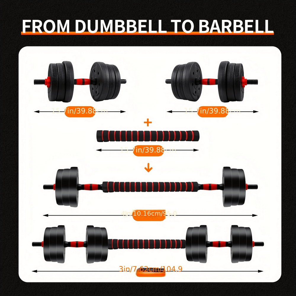 44LBS adjustable dumbbell and barbell set transformation for versatile workouts, featuring ergonomic handles and secure fasteners.