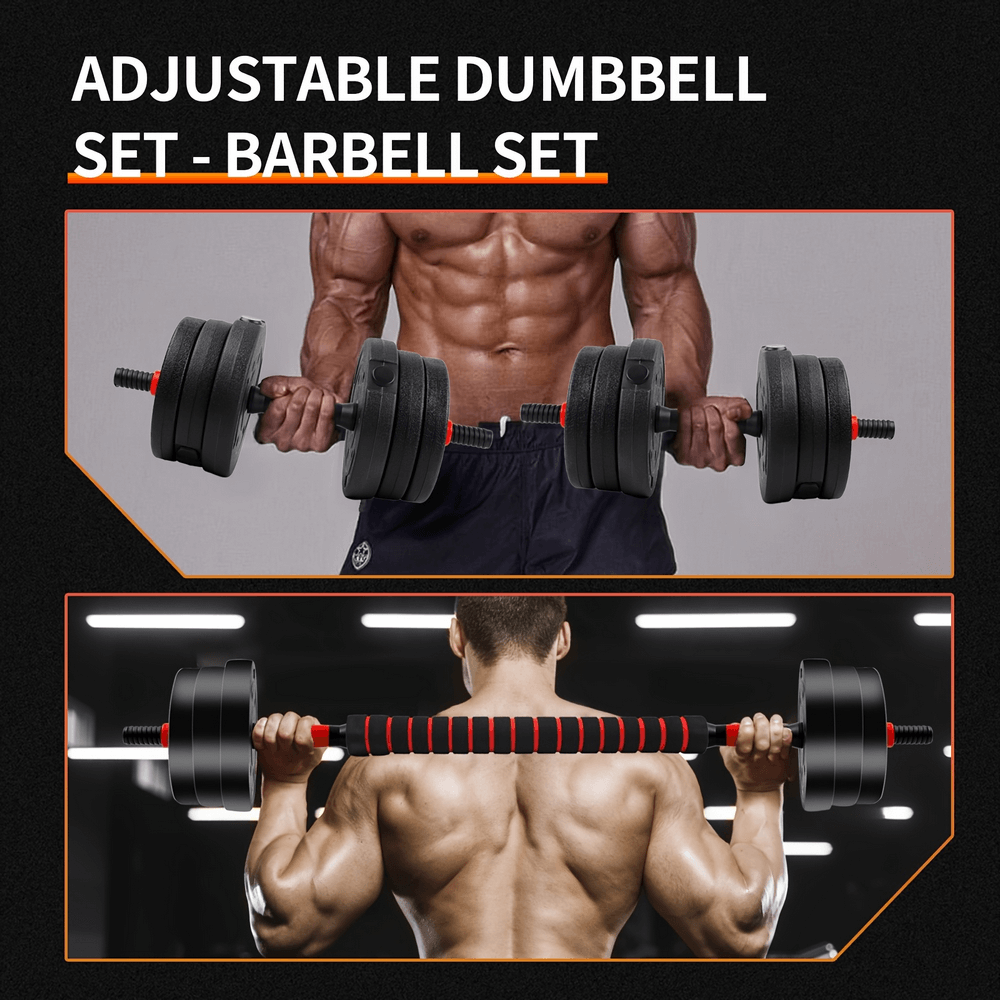 Man demonstrating 44LBS adjustable dumbbell and barbell set for versatile gym workouts, featuring ergonomic handles and secure fasteners.