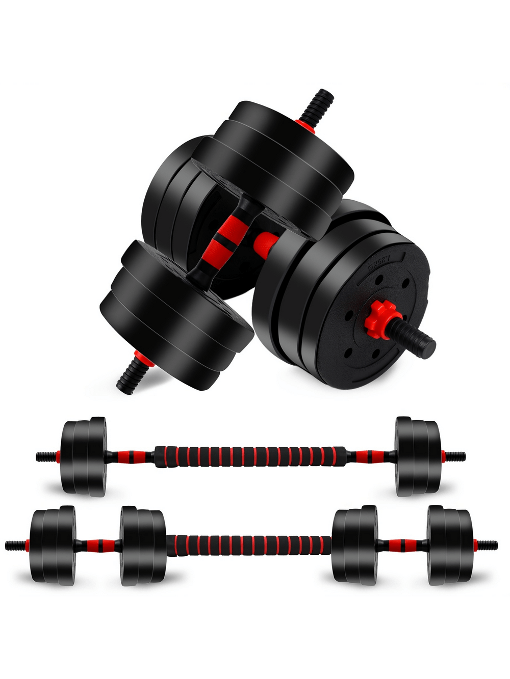 44LBS adjustable dumbbell and barbell set for home gym workouts, featuring ergonomic handles and quick-convert design in black and red.