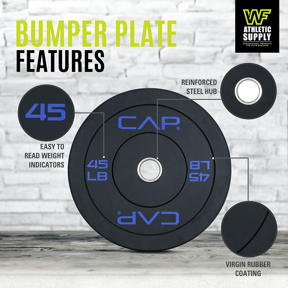 45 LB rubber bumper plate with steel hub, featuring easy-to-read weight indicators and virgin rubber coating for gym use.