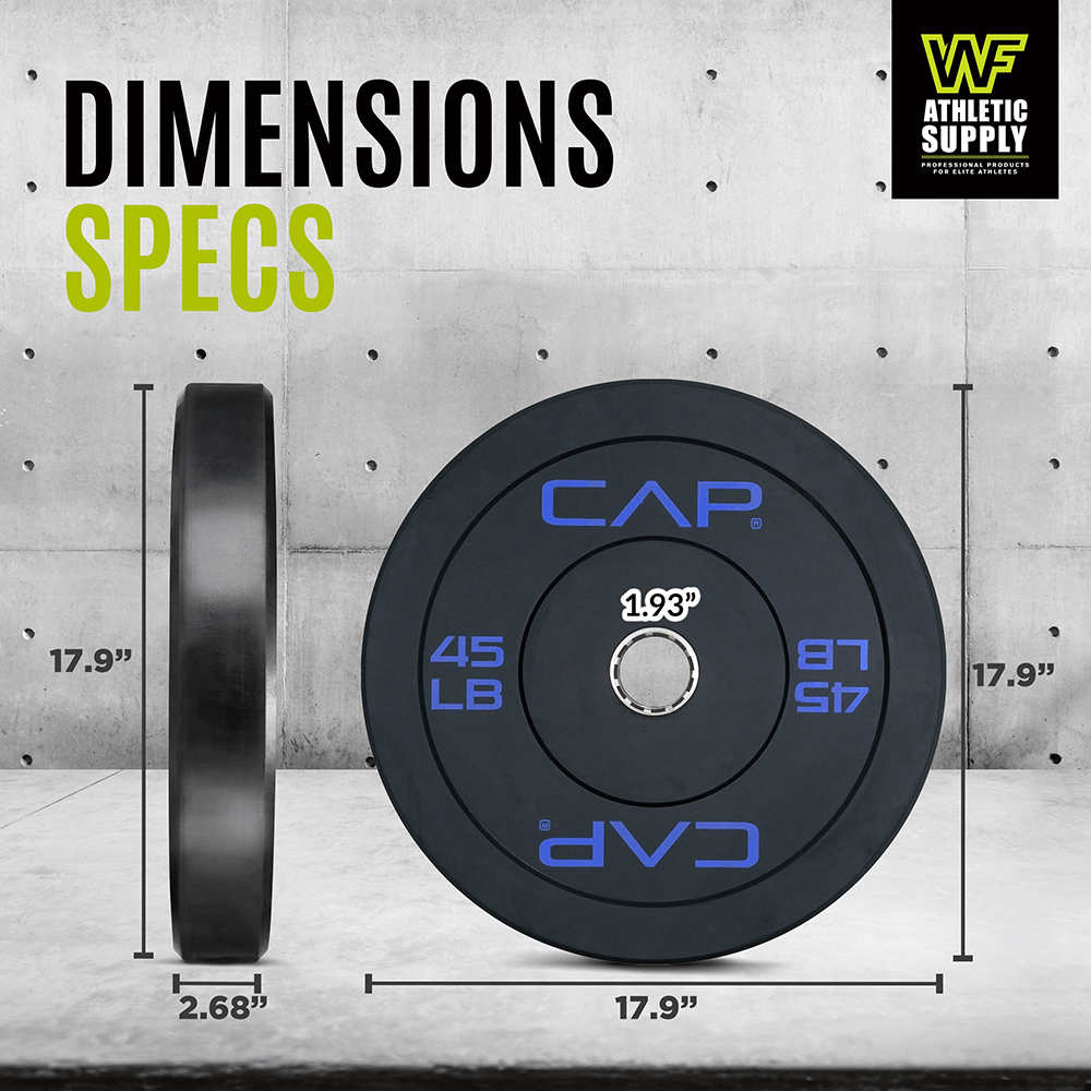 45 LB rubber bumper plate with steel hub, showing dimensions. Ideal for Olympic lifting and home gym strength training.