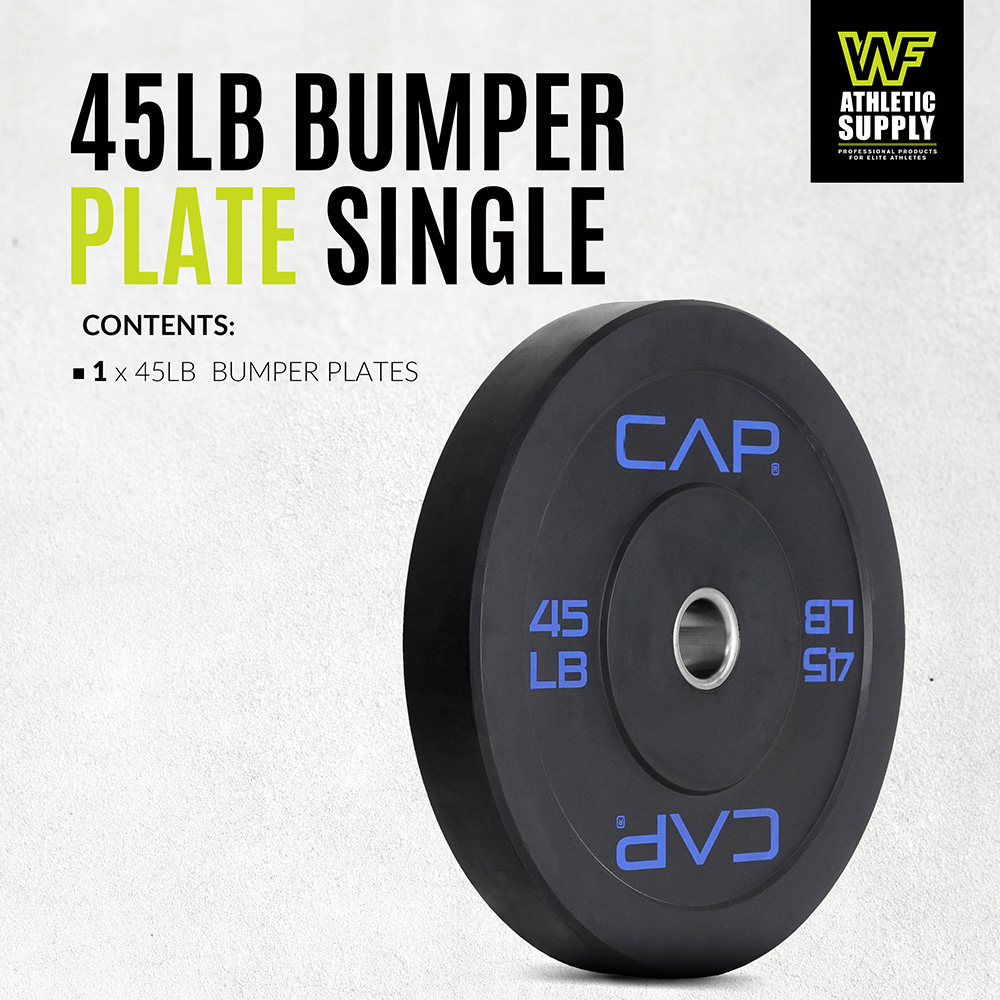 45 LB rubber bumper plate with steel hub for strength training, featuring a durable design perfect for gym and Olympic lifting.