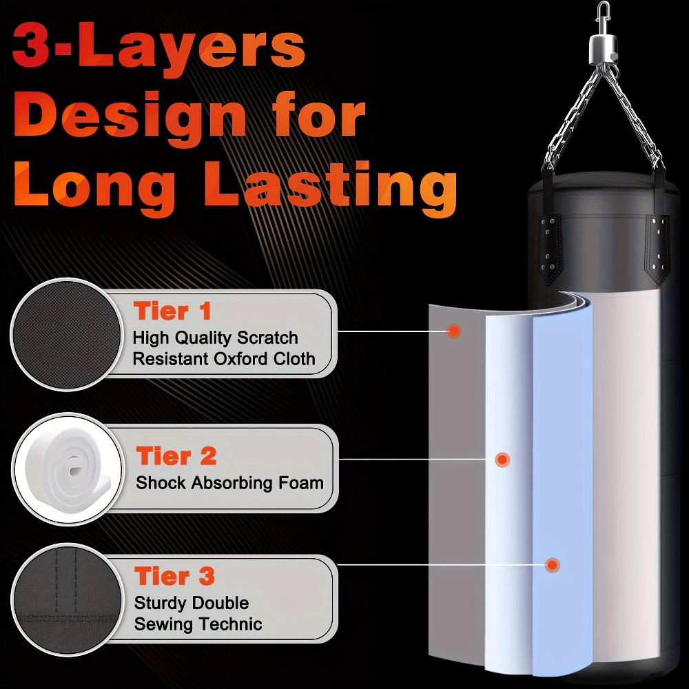 3-layer design of 4FT hanging punching bag with Oxford cloth, shock-absorbing foam, and double sewing for durability.