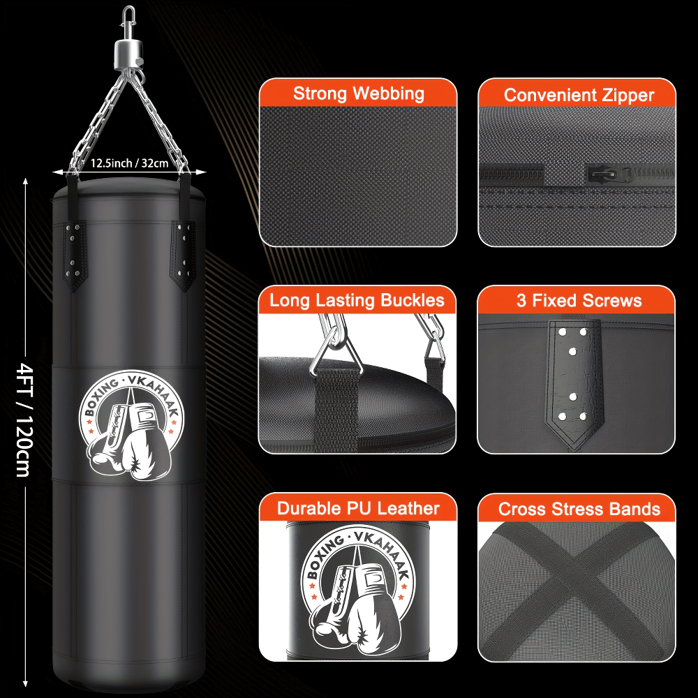 4FT durable PU leather hanging punching bag set with strong webbing, zipper, buckles, screws, and stress bands for boxing training.