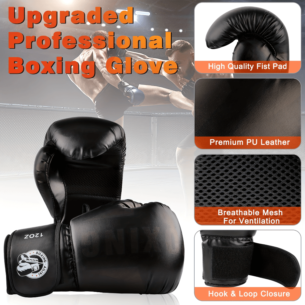 Upgraded professional boxing gloves with high-quality PU leather, breathable mesh, and secure hook & loop closure.