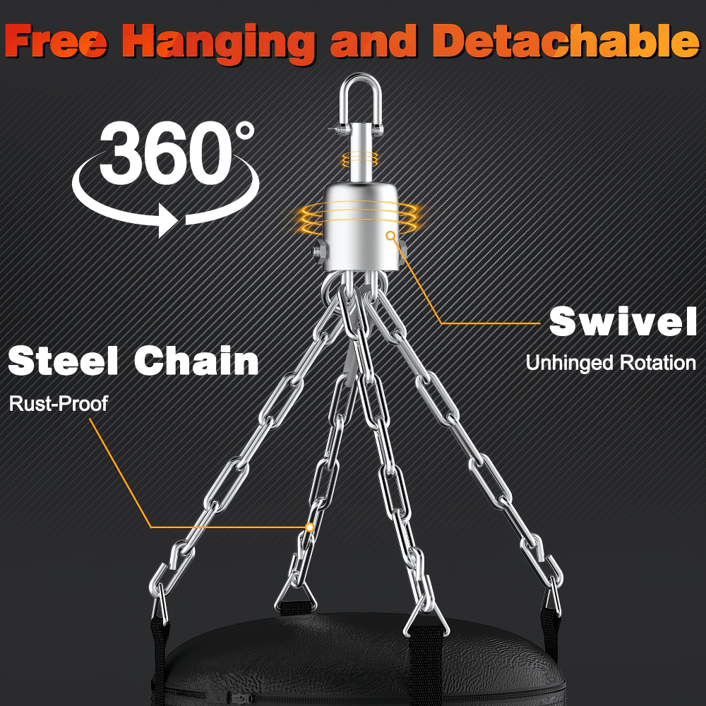 360-degree steel chain swivel for boxing bag, featuring rust-proof durability and unhinged rotation.