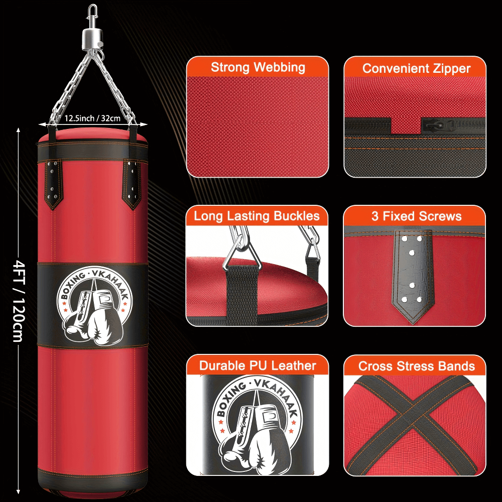 4FT Hanging Punching Bag Set - Durable PU Leather with Accessories, Perfect for Boxing, MMA, Kickboxing; Includes Gloves and Chains