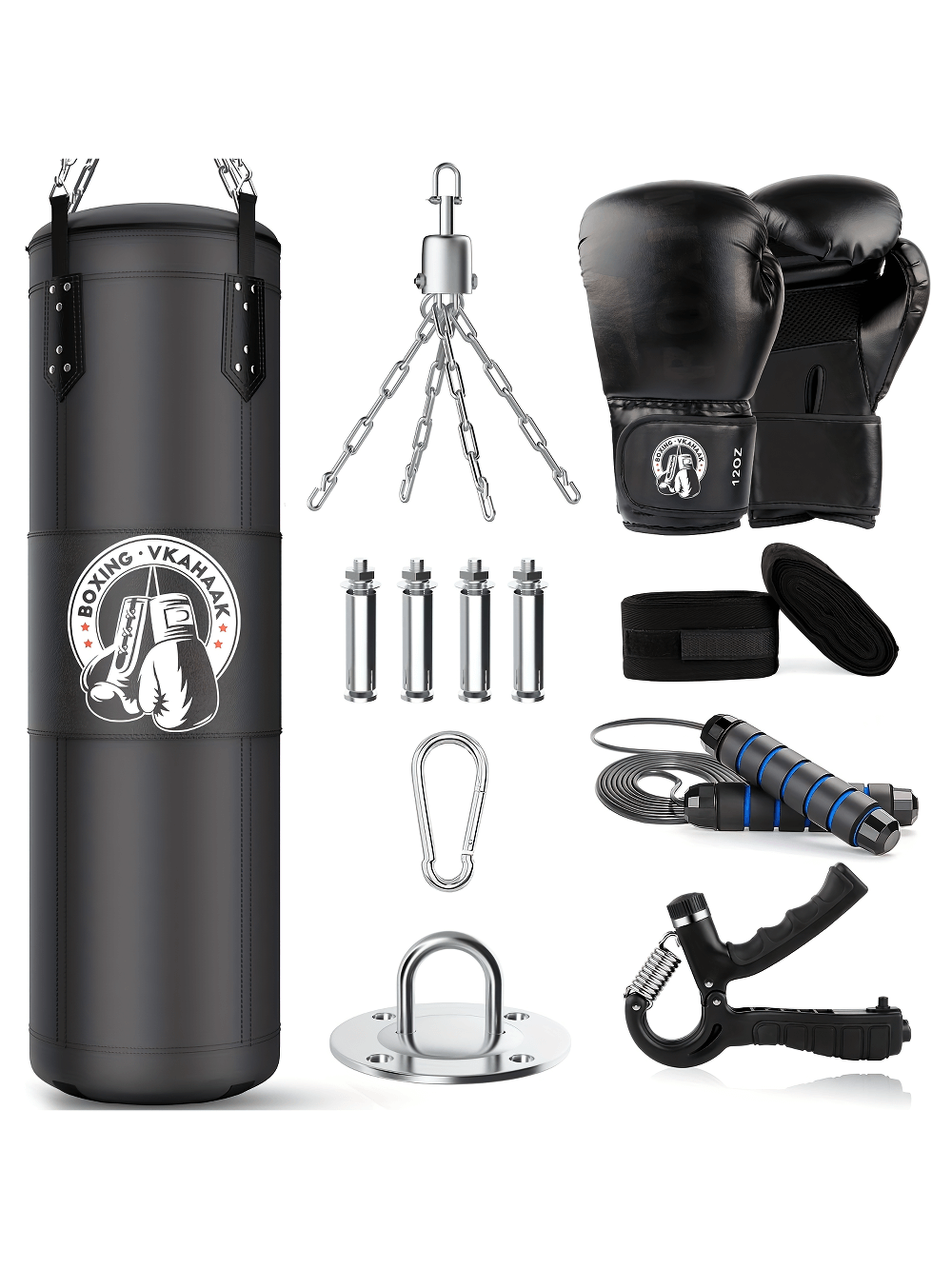 4FT hanging punching bag set with gloves, chains, and installation accessories. Ideal for boxing, MMA, and fitness training.