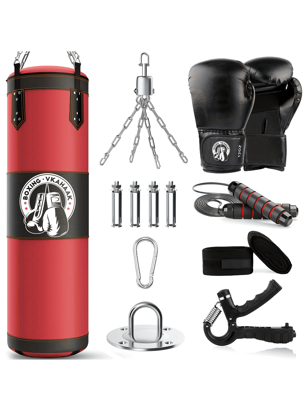 4FT hanging punching bag set with accessories for training, includes gloves, chains, jump rope, and fitness tools. Model SF2725