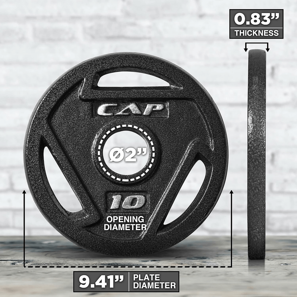 CAP 10 lb cast iron weight plate with 2-inch hole, 9.41-inch diameter, 0.83-inch thickness, ideal for strength training.