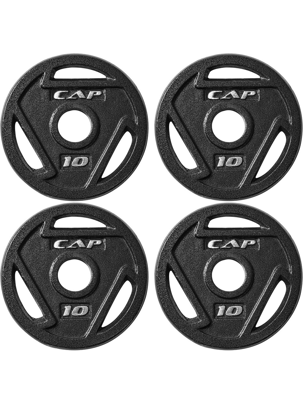 Set of four 10lb CAP cast iron weight plates with easy-grip handles for strength training and home workouts.