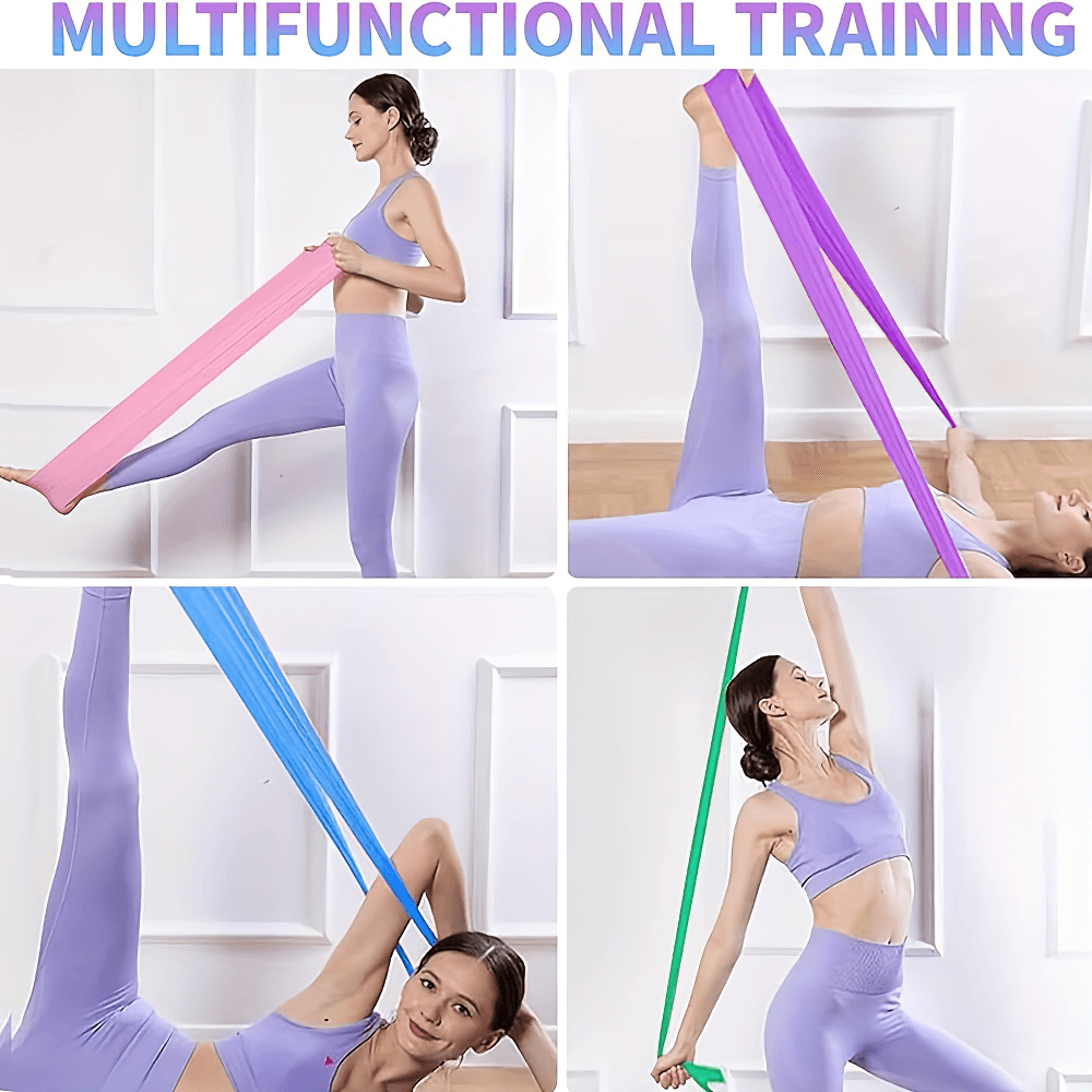 Women using colorful resistance bands for yoga and strength training at home, enhancing flexibility and muscle strength.