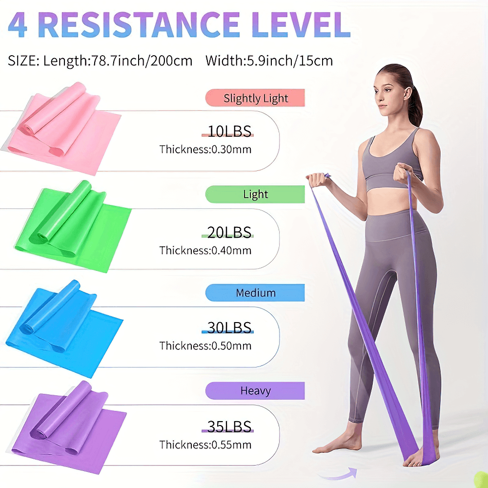 Woman demonstrating 4pc resistance bands set with colored bands showing resistance levels from 10lbs to 35lbs, ideal for workouts.