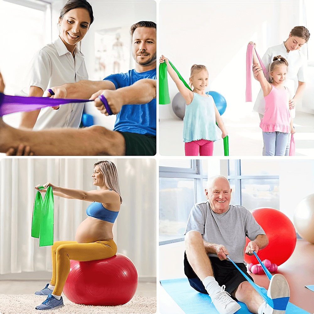 People using colorful resistance bands for strength training, yoga, and physical therapy. Perfect for all ages and fitness levels.