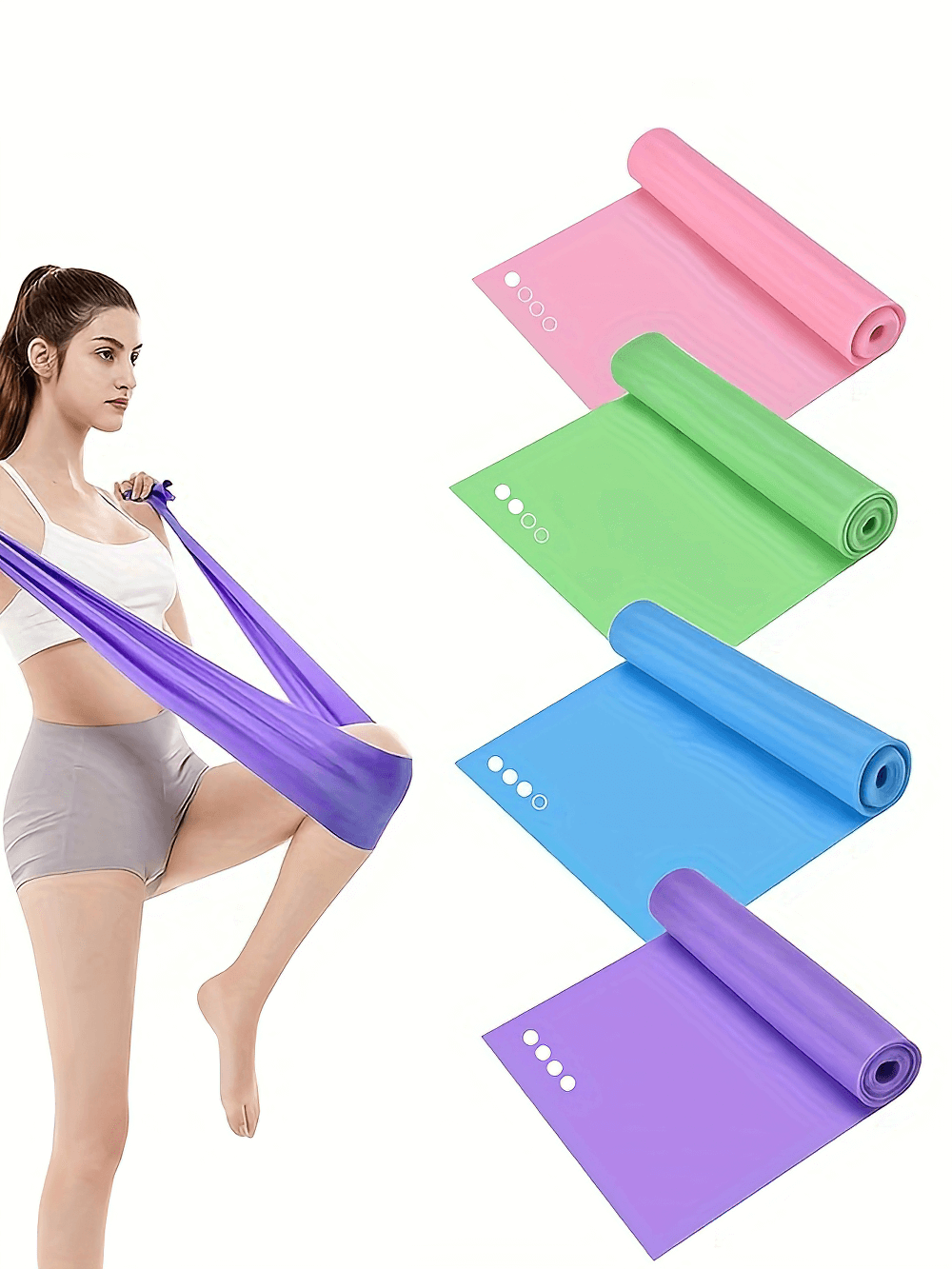 Woman using colorful resistance bands set SF2995 for home workout and physical therapy, includes four bands in pink, green, blue, and purple.