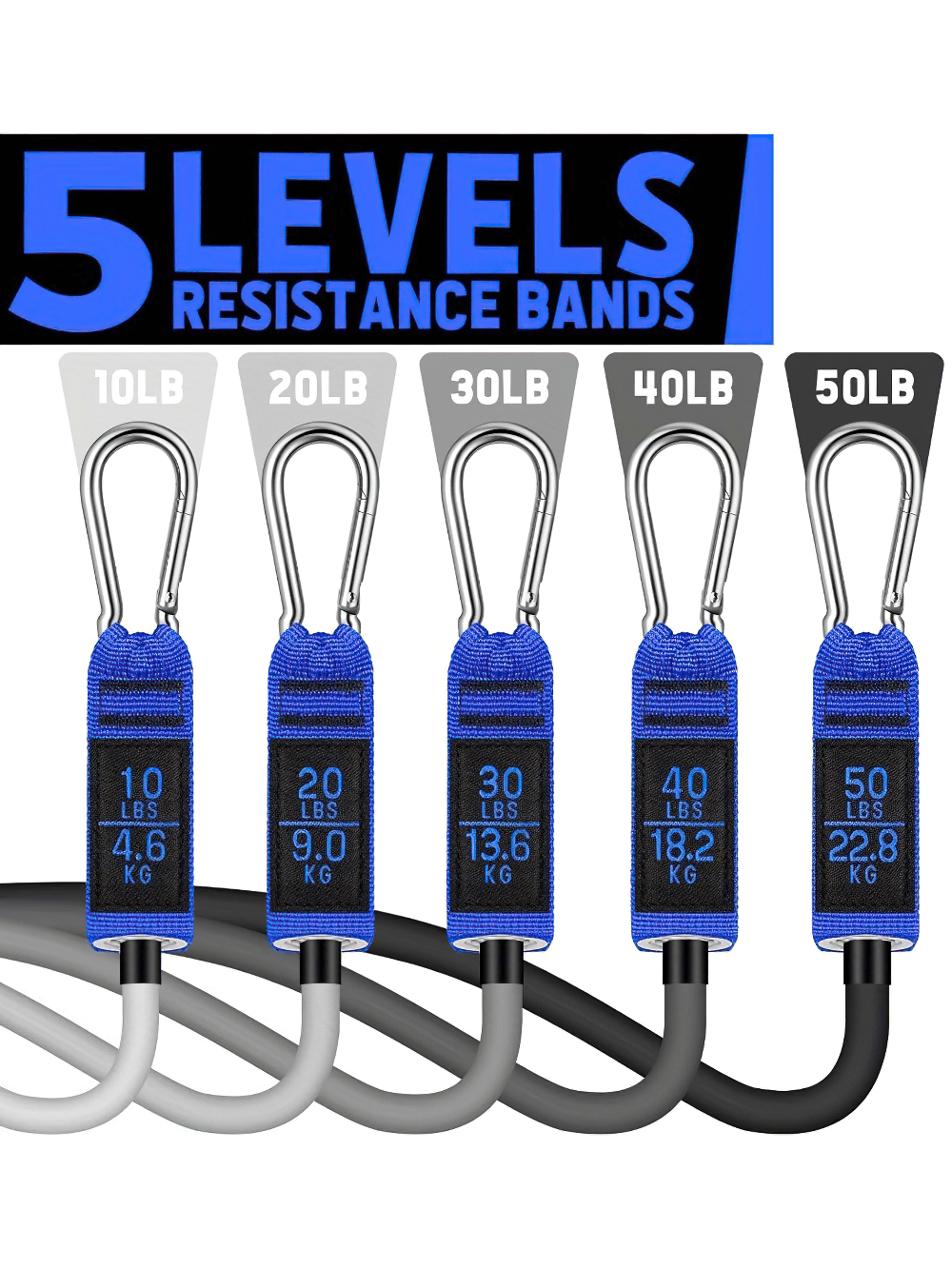 5-Level resistance bands set ranging from 10LB to 50LB, featuring durable latex and reinforced carabiners for strength training.