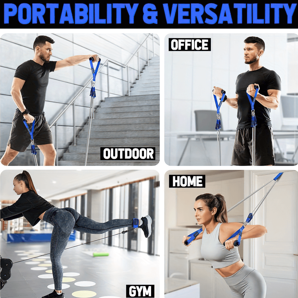 4 people using SF2998 resistance bands indoors and outdoors showing versatility for home, gym, office, and outdoor workouts.