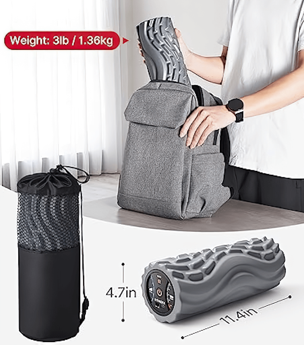 Compact 5-speed vibrating foam roller fits into backpack, perfect for on-the-go muscle recovery. Dimensions: 11.4x4.7 inches.