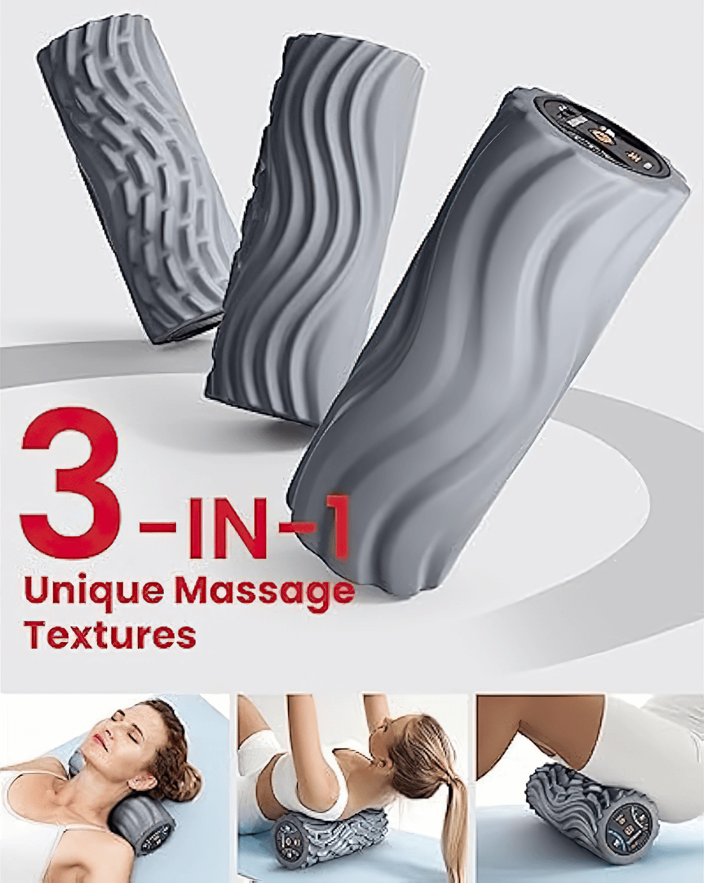 Grey 3-in-1 vibrating foam roller for massage featuring unique textures, ideal for muscle relief and back pain recovery.