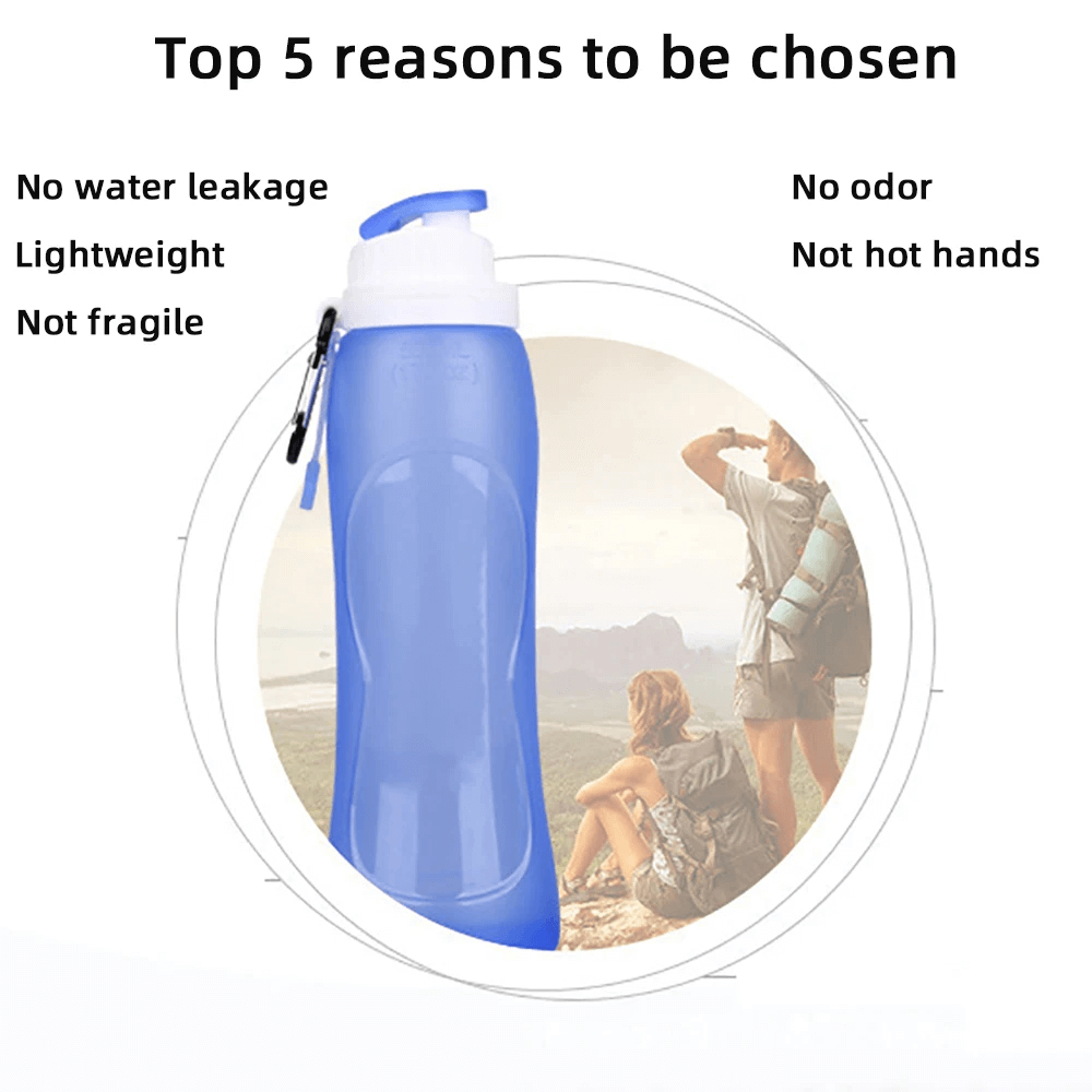 500ml Silicone Foldable Water Bottle for Travel - SF3484 shown in blue with features like no leakage, lightweight, and odor-free design.