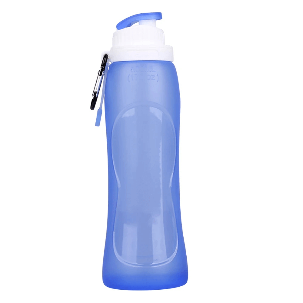 500ml Silicone Foldable Water Bottle for Travel - SF3484 in blue, ideal for outdoor activities like hiking and camping, collapsible and BPA-free.