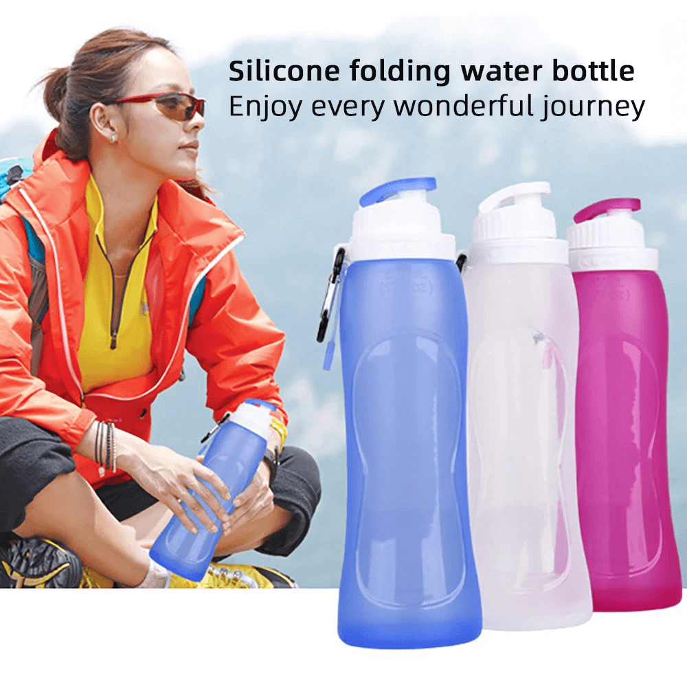 Hiker using 500ml Silicone Foldable Water Bottle for Travel - SF3484, available in blue, white, and pink for outdoor adventures.