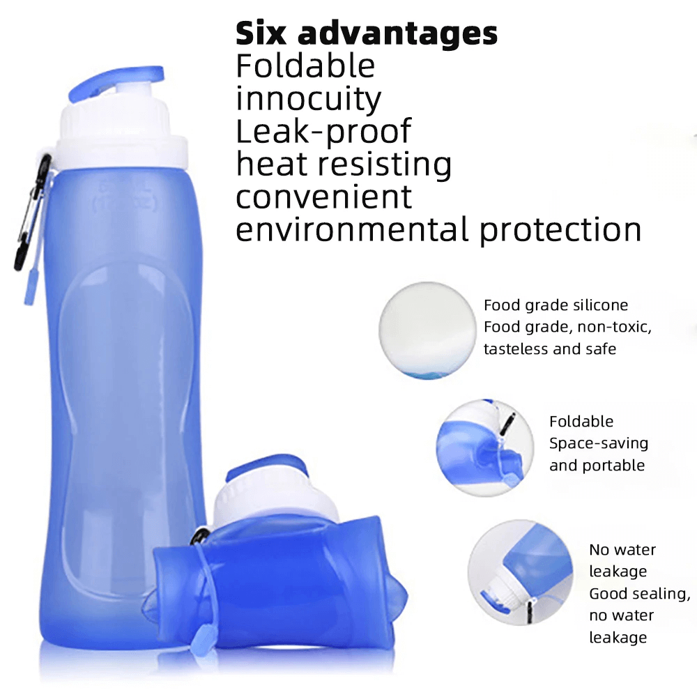 500ml Silicone Foldable Water Bottle for Travel - SF3484, collapsible and leak-proof, shown in multiple blue design features.