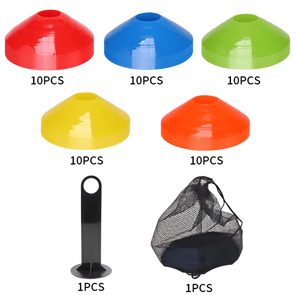 Colorful 50pcs agility cone set with stand and mesh bag for sports training and drills, enhances footwork, speed, and coordination